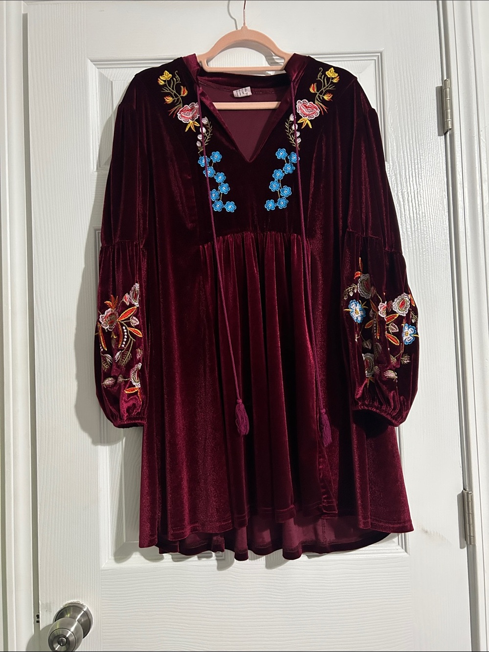Velvet Embroidered Mini Dress - Burgundy